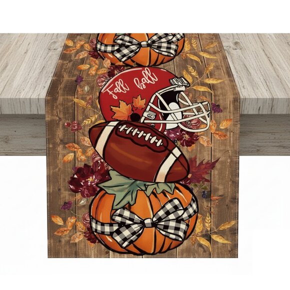 Football Table Runner Pumpkin Fall Decor Autumn Thanksgiving Decoration Cloth - Picture 3 of 8